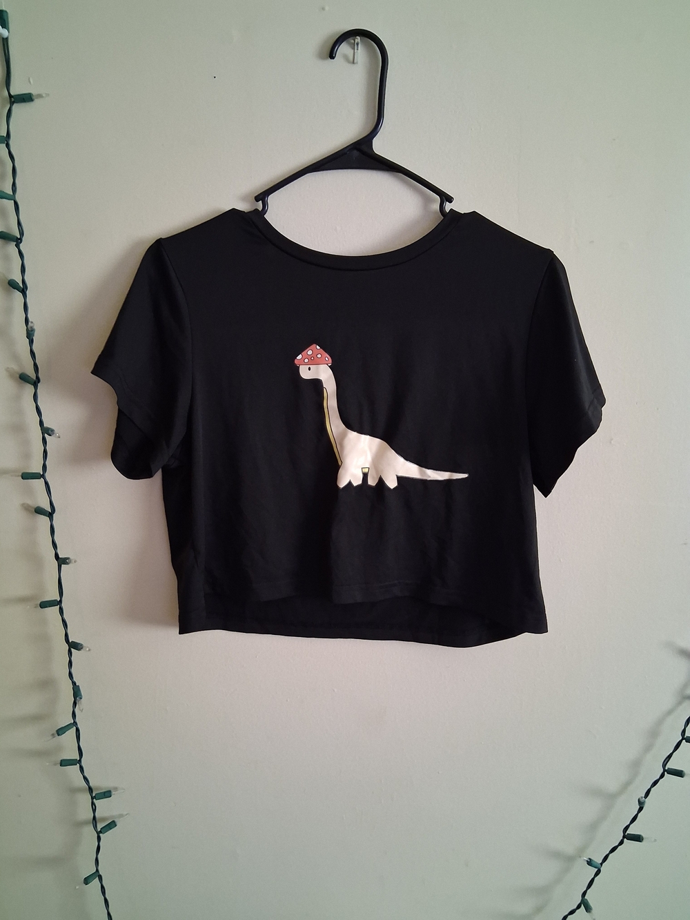 SHEIN Black Short Sleeve Tee with Cream Dino and Red Mushroom Hat